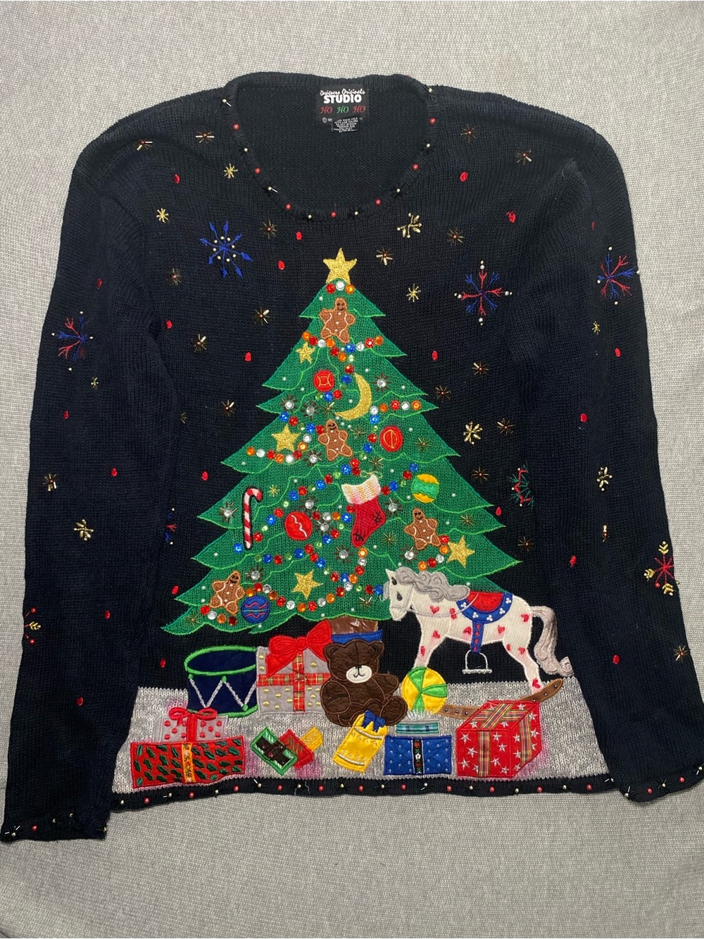 Christmas Sweater Black Bejeweled Designers Originals Studio Medium Holiday VTG